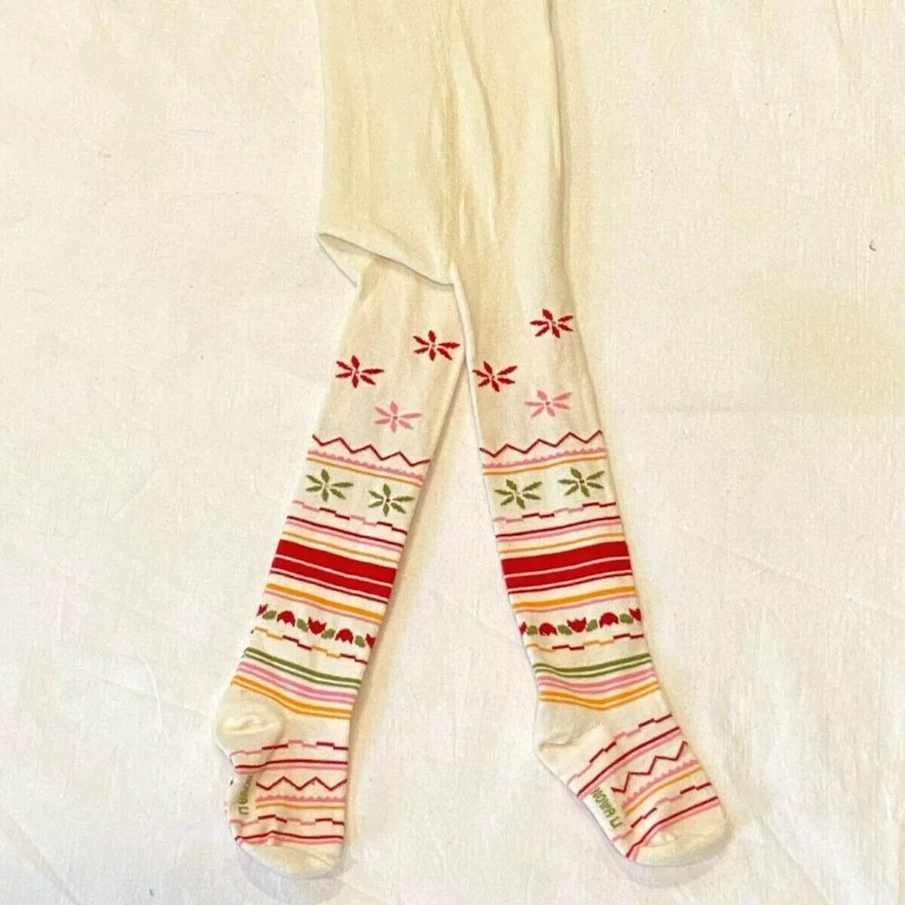 Nowa Li NWT sz 2Y 2T Toddler Girls Designer Ivory & Red Snowflake Cotton Tights‎